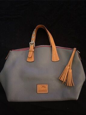 Dooney & Bourke Gray Pebbled Leather Tote with Tan Trim and Tassel Accent